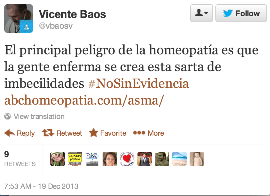  Strong negative sentiment: “The principal danger of homeopathy is that it thinks of sick people like a string of idiots.” There is a link to a homeopathy website, conversation between HCPs follows as a result of the tweet.