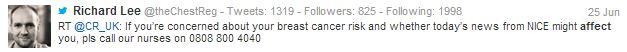 Figure 3: Richard Lee, a London-based doctor, re-tweets Cancer Research UK's breast cancer helpline number.