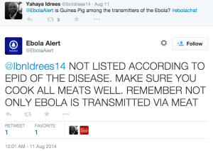 Ebola Alert account replying to a question from another user