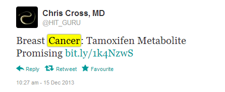 London based HCP Chris Cross shares a link about an experimental metabolite of Tamoxifen that is being trialled successfully. Source: http://twitter.com/HIT_GURU/statuses/412287910226821120