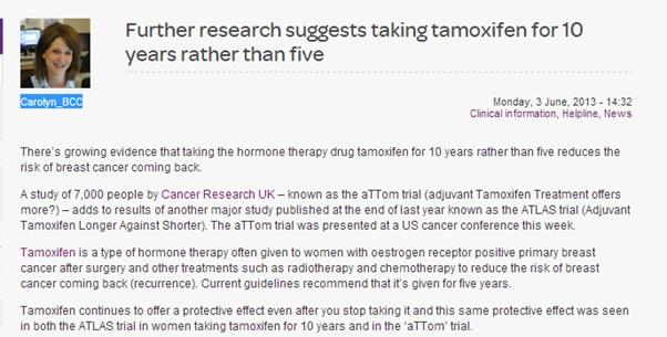 Figure 11: Carolyn's post attracted a few comments from people who had taken Tamoxifen before. Full URL http://breastcancercare.org.uk/news/blog/further-research-suggests-taking-tamoxifen-10-years-rather-five