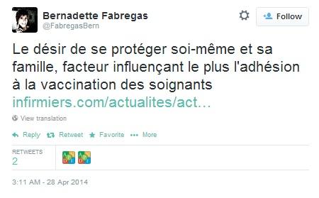 France-based HCP tweets about vaccination amongst caregivers in France https://twitter.com/FabregasBern/statuses/460722919602413569 